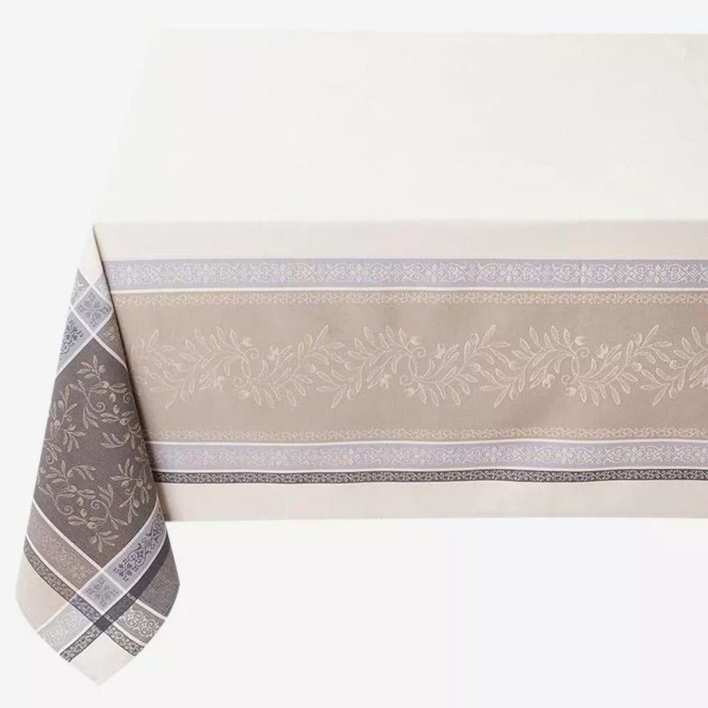 Hochwertige Jacquard Tischdecke beige mit Fleckschutz und Olivenmuster